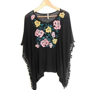 Floral embroidered shawl Black Vintage Formal Poncho Y2K Lightweight Dressy